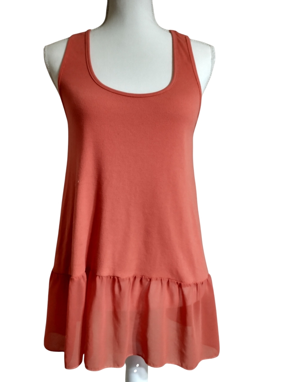 Coral Tank With Sheer Ruffle Hem